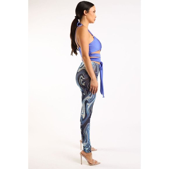 Women's Strappy Top and Print Mesh Leggings Set O Ring 2 Piece Outfits Clubwear - Picture 6 of 11